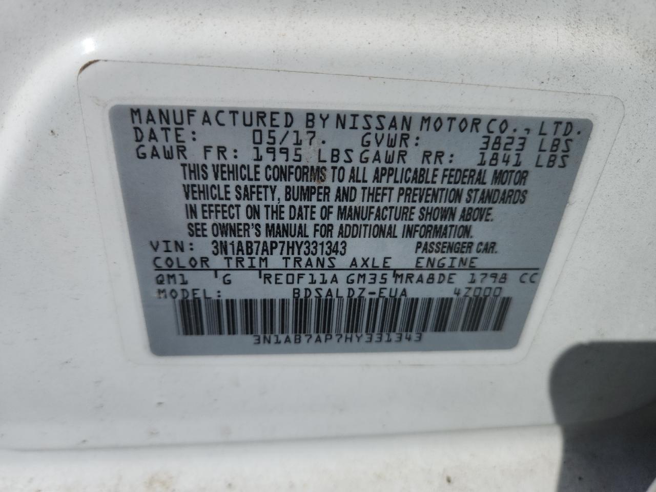 2017 Nissan Sentra S VIN: 3N1AB7AP7HY331343 Lot: 82368245