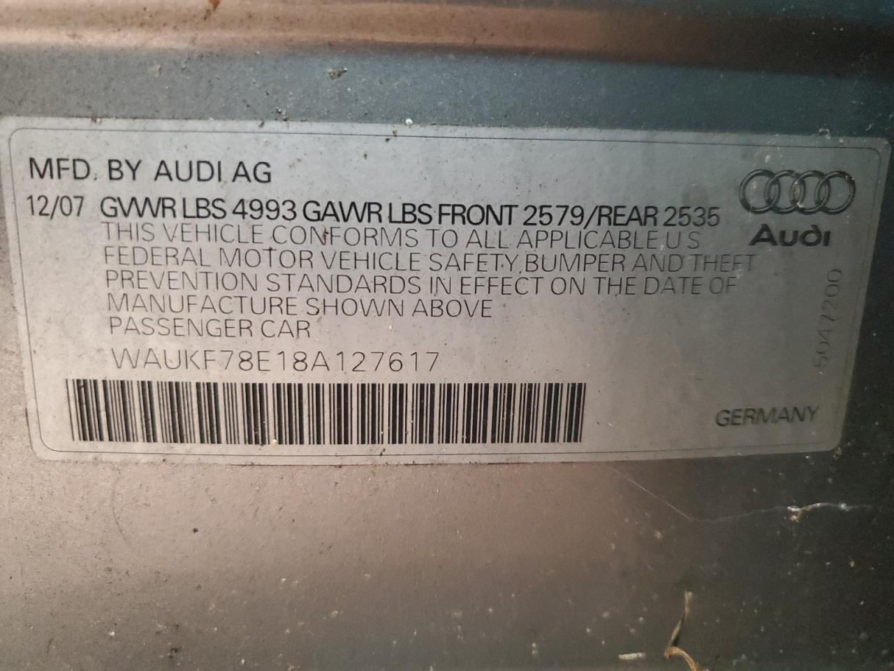 2008 Audi A4 2.0T Avant Quattro VIN: WAUKF78E18A127617 Lot: 85193915