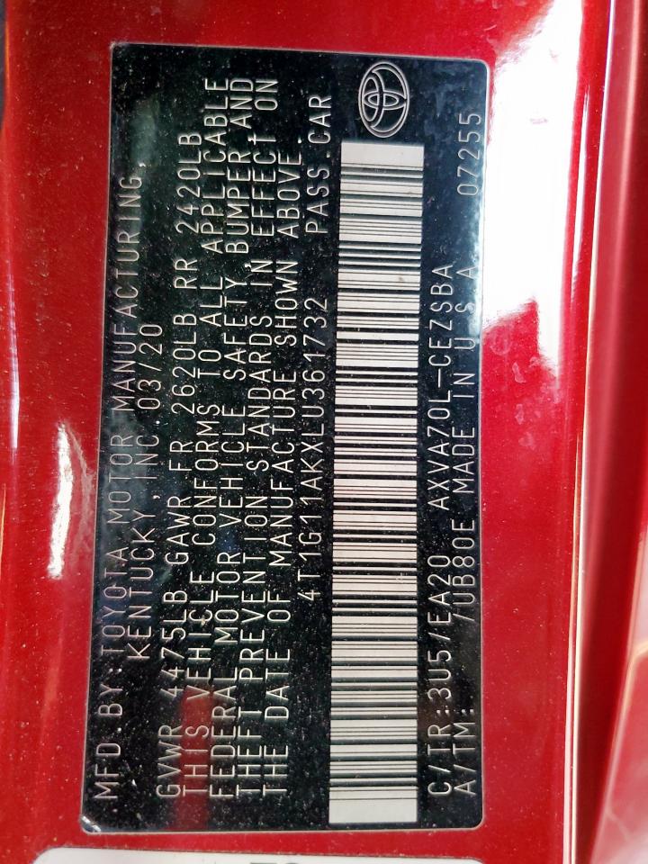 2020 Toyota Camry Se VIN: 4T1G11AKXLU361732 Lot: 82440295