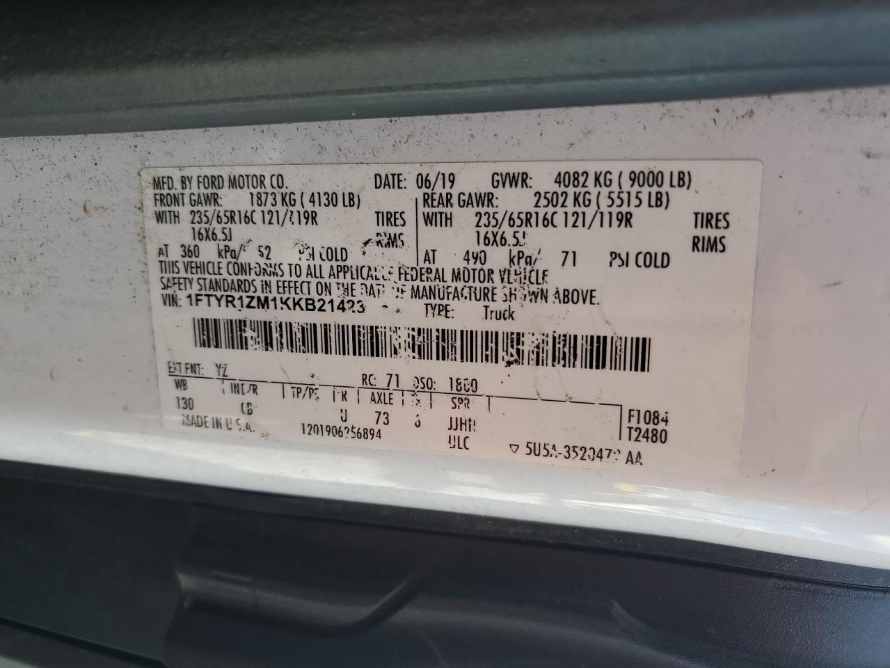 2019 Ford Transit T-250 VIN: 1FTYR1ZM1KKB21423 Lot: 80286525