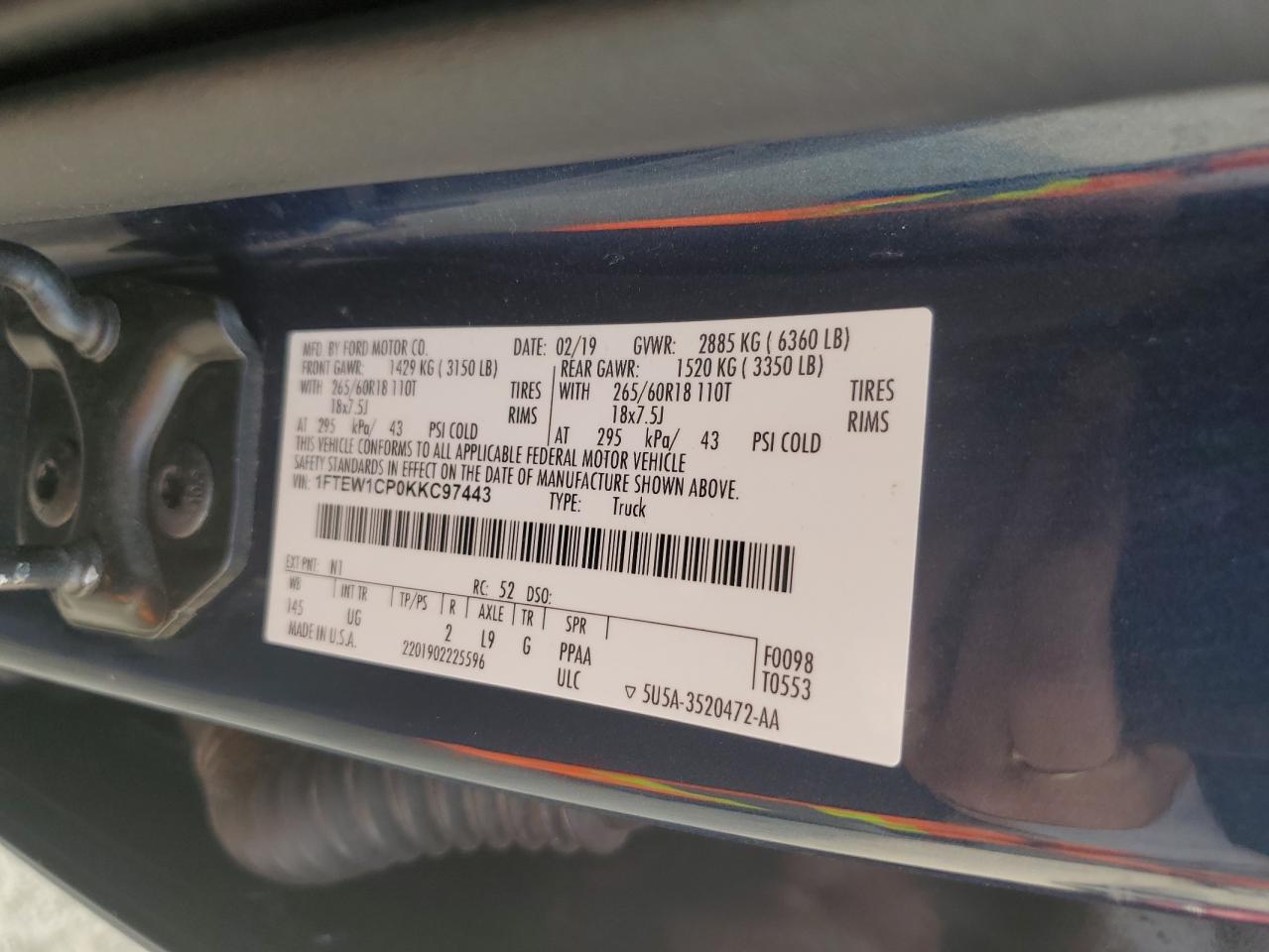 2019 Ford F150 Supercrew VIN: 1FTEW1CP0KKC97443 Lot: 89539135