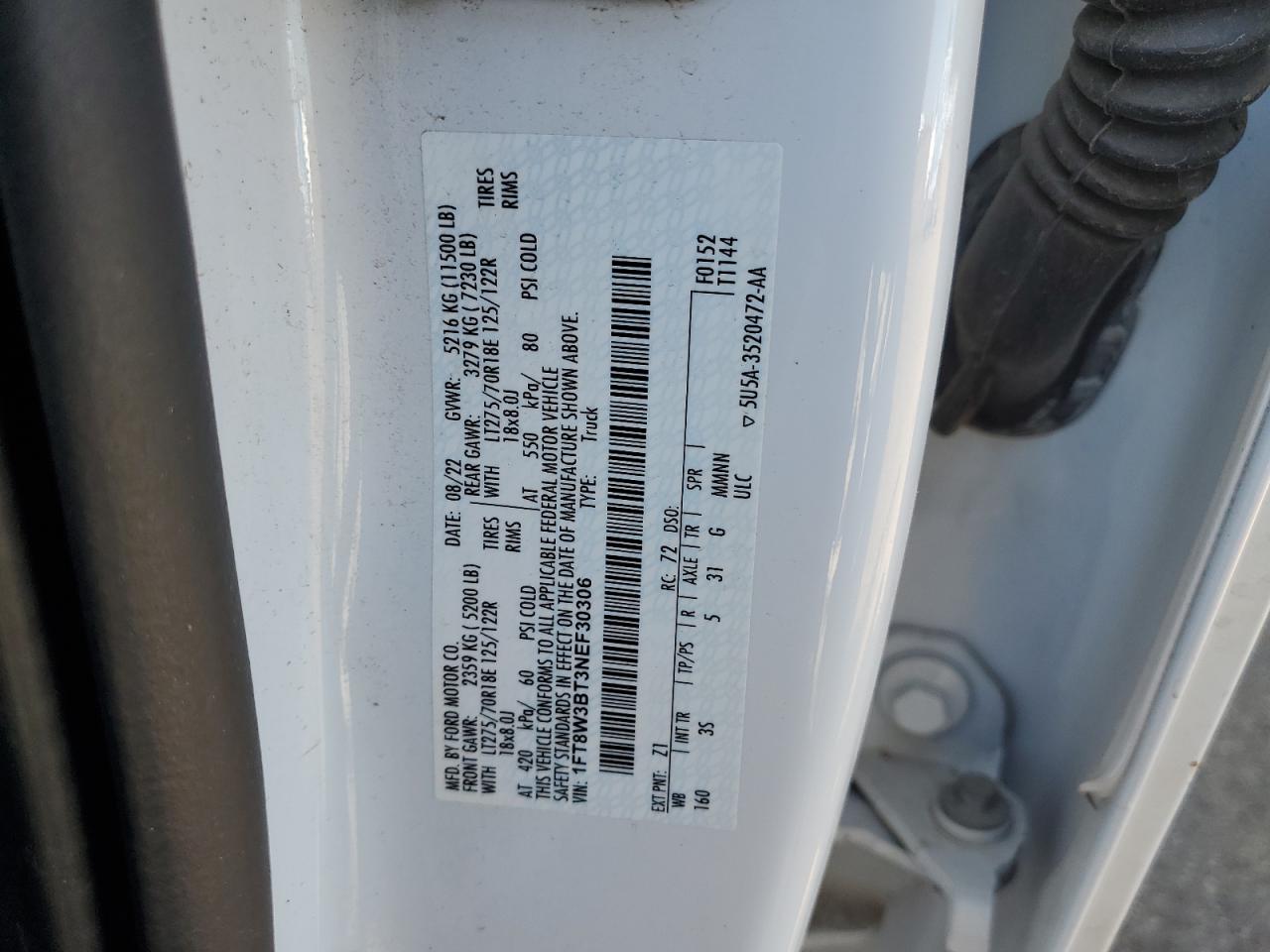 2022 Ford F350 Super Duty VIN: 1FT8W3BT3NEF30306 Lot: 86852435