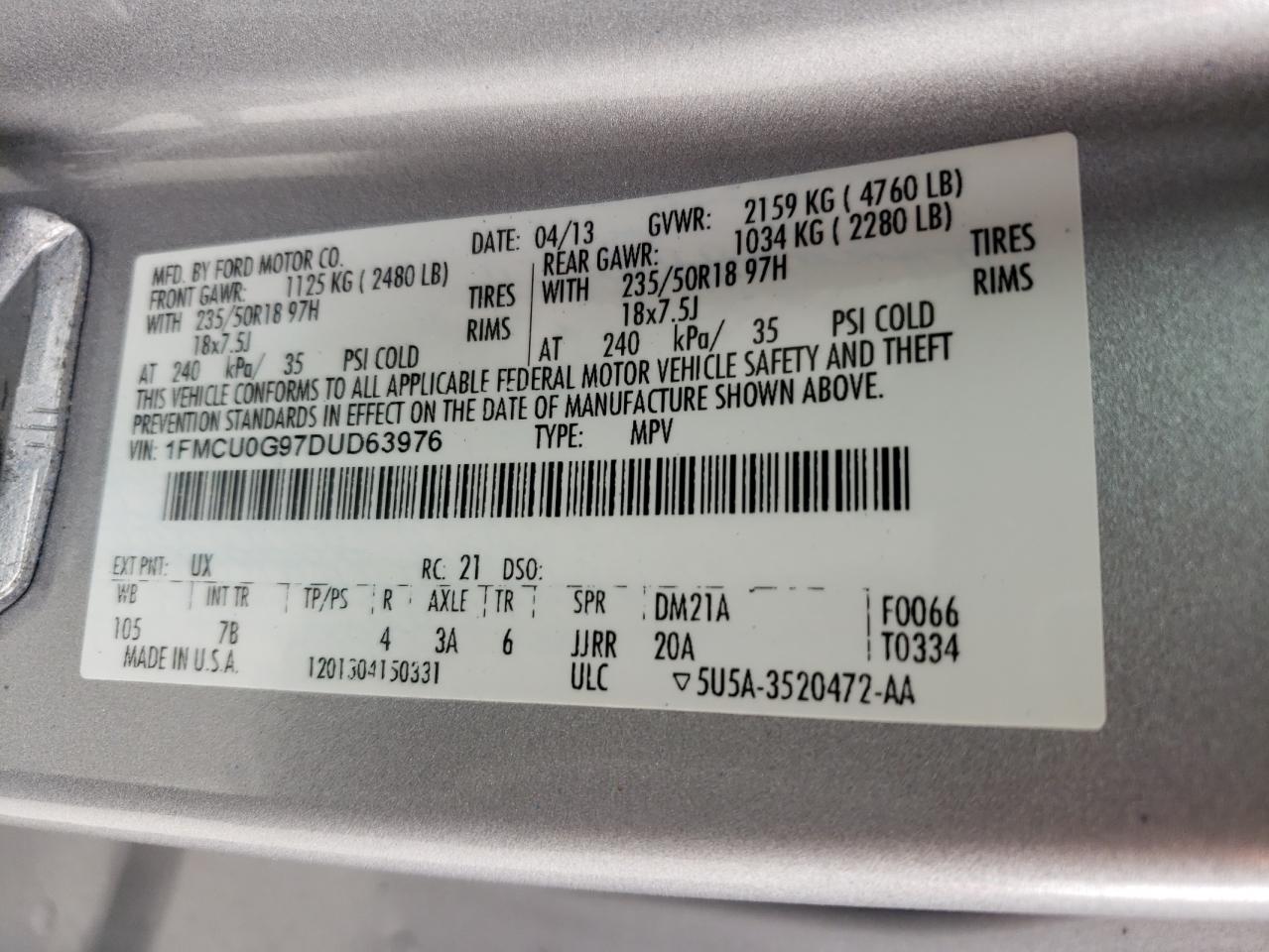 2013 Ford Escape Se VIN: 1FMCU0G97DUD63976 Lot: 82373665