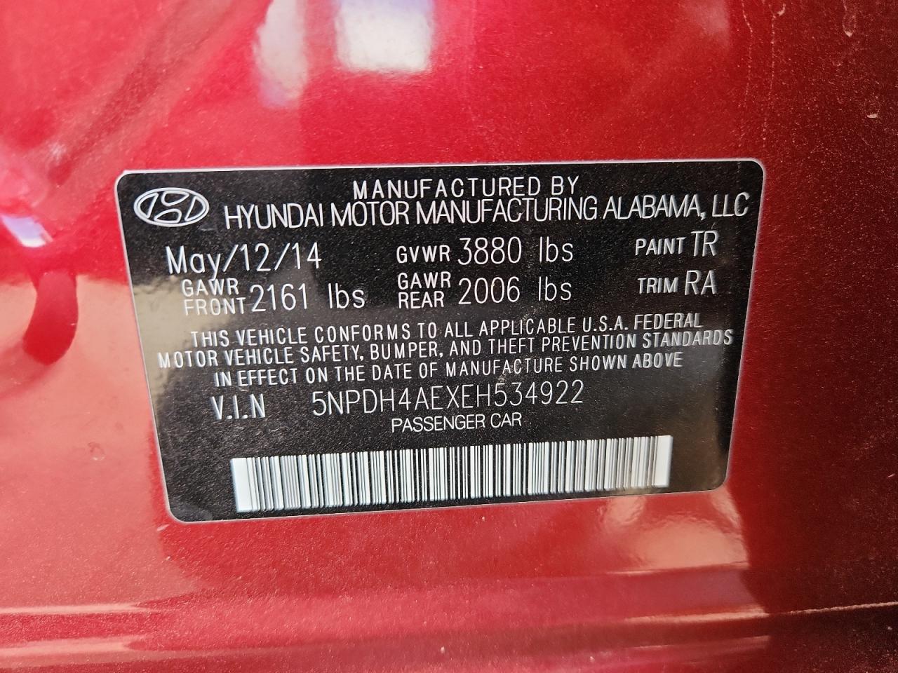 2014 Hyundai Elantra Se VIN: 5NPDH4AEXEH534922 Lot: 85942525