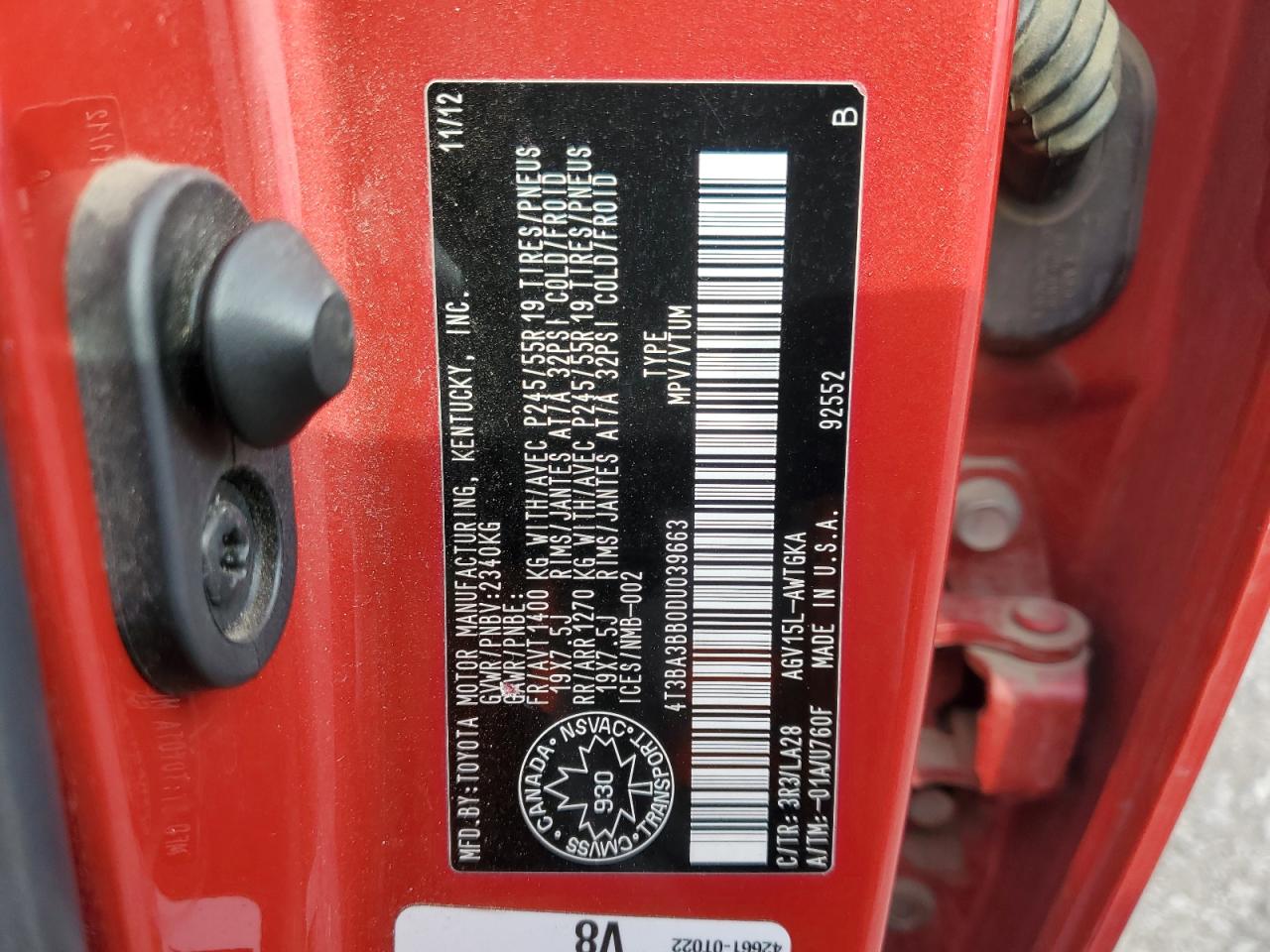 2013 Toyota Venza Le VIN: 4T3BA3BB0DU039663 Lot: 84908375