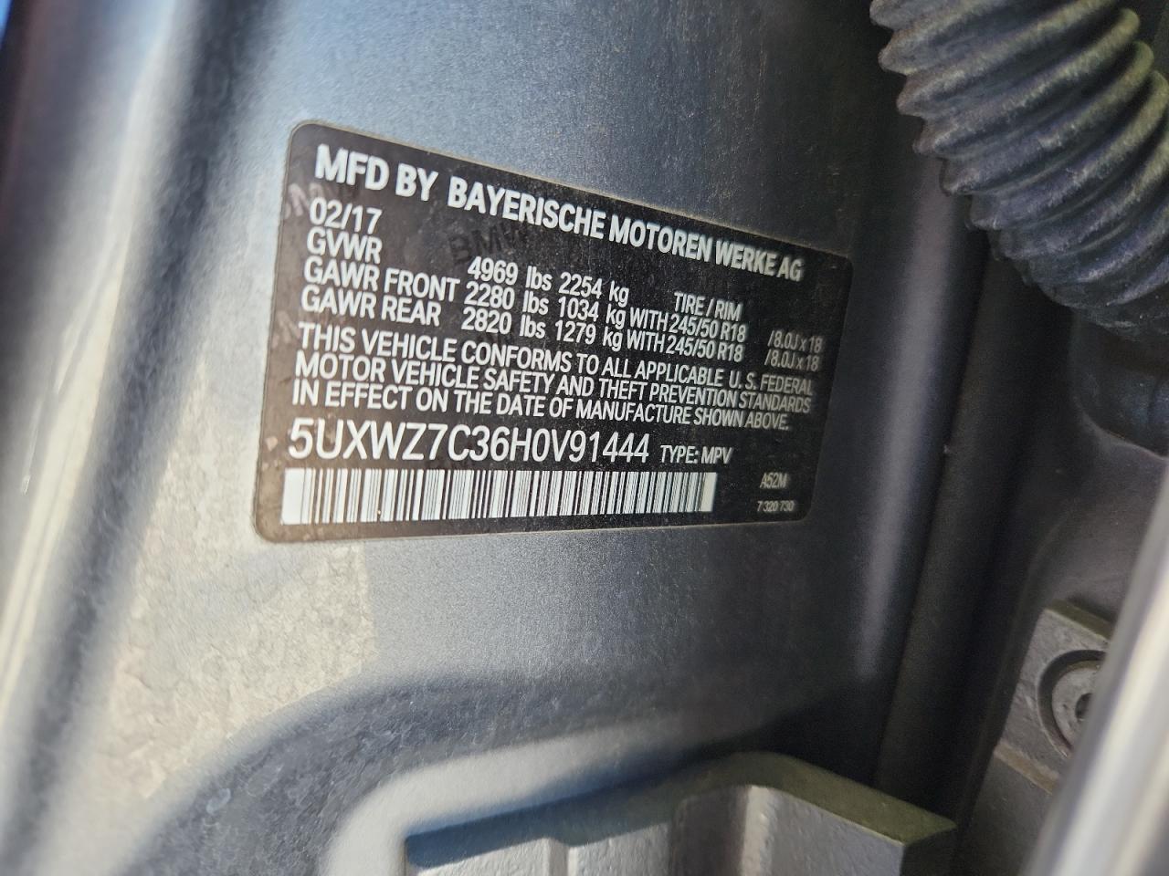 2017 BMW X3 Sdrive28I VIN: 5UXWZ7C36H0V91444 Lot: 86238755