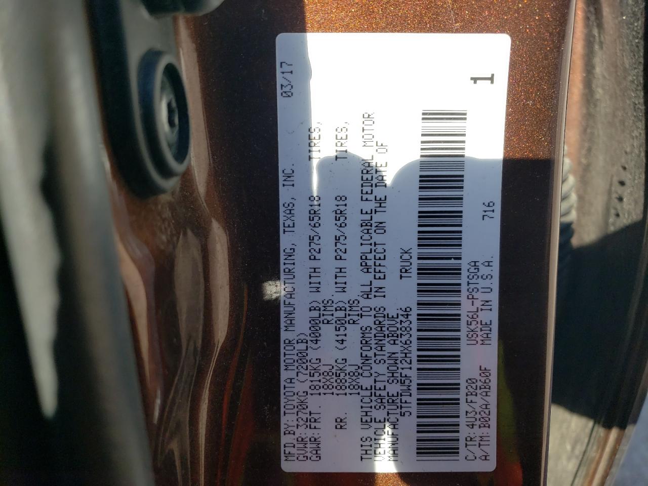 2017 Toyota Tundra Crewmax Sr5 VIN: 5TFDW5F12HX638346 Lot: 85898215