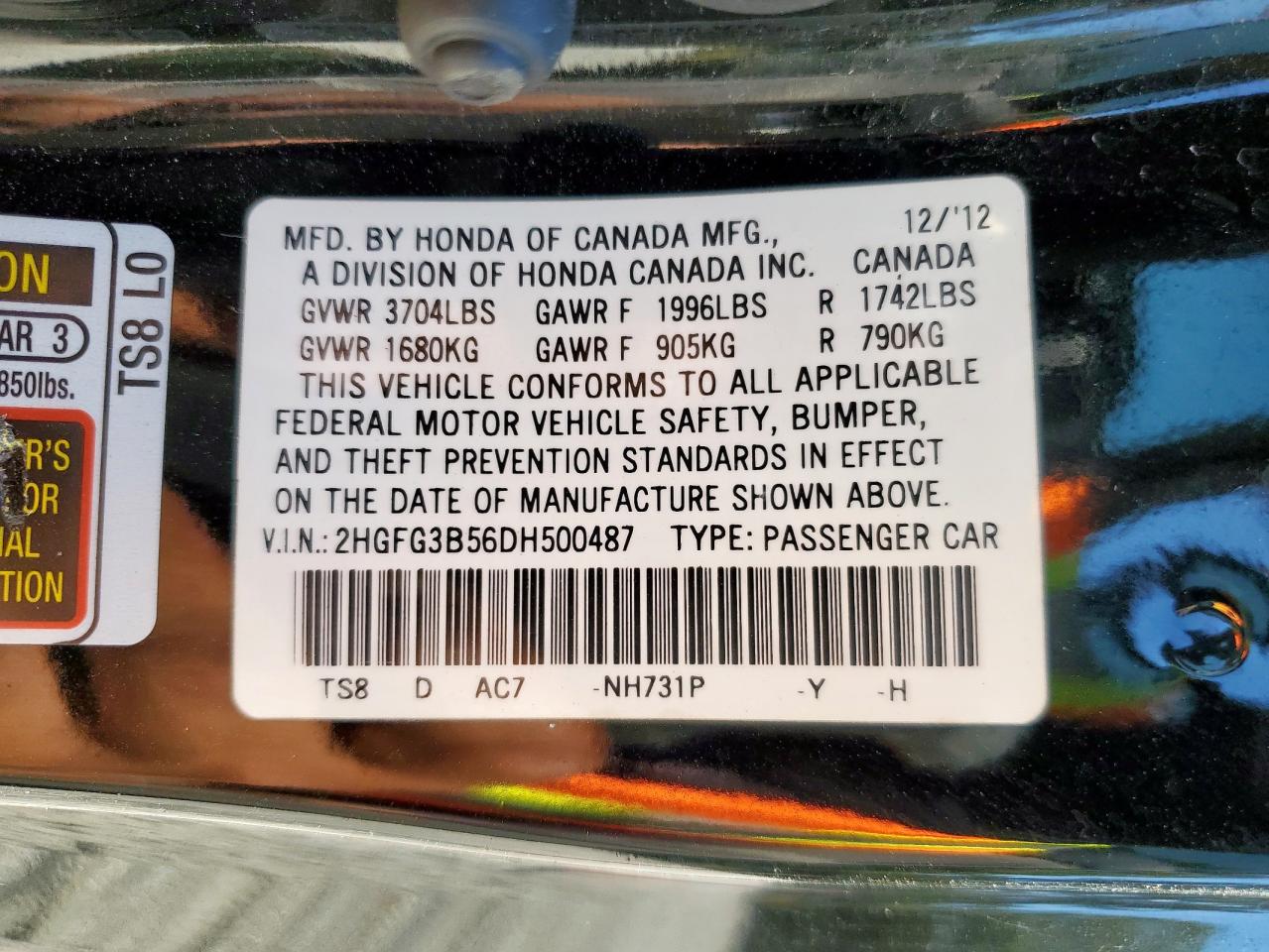 2013 Honda Civic Lx VIN: 2HGFG3B56DH500487 Lot: 85719515