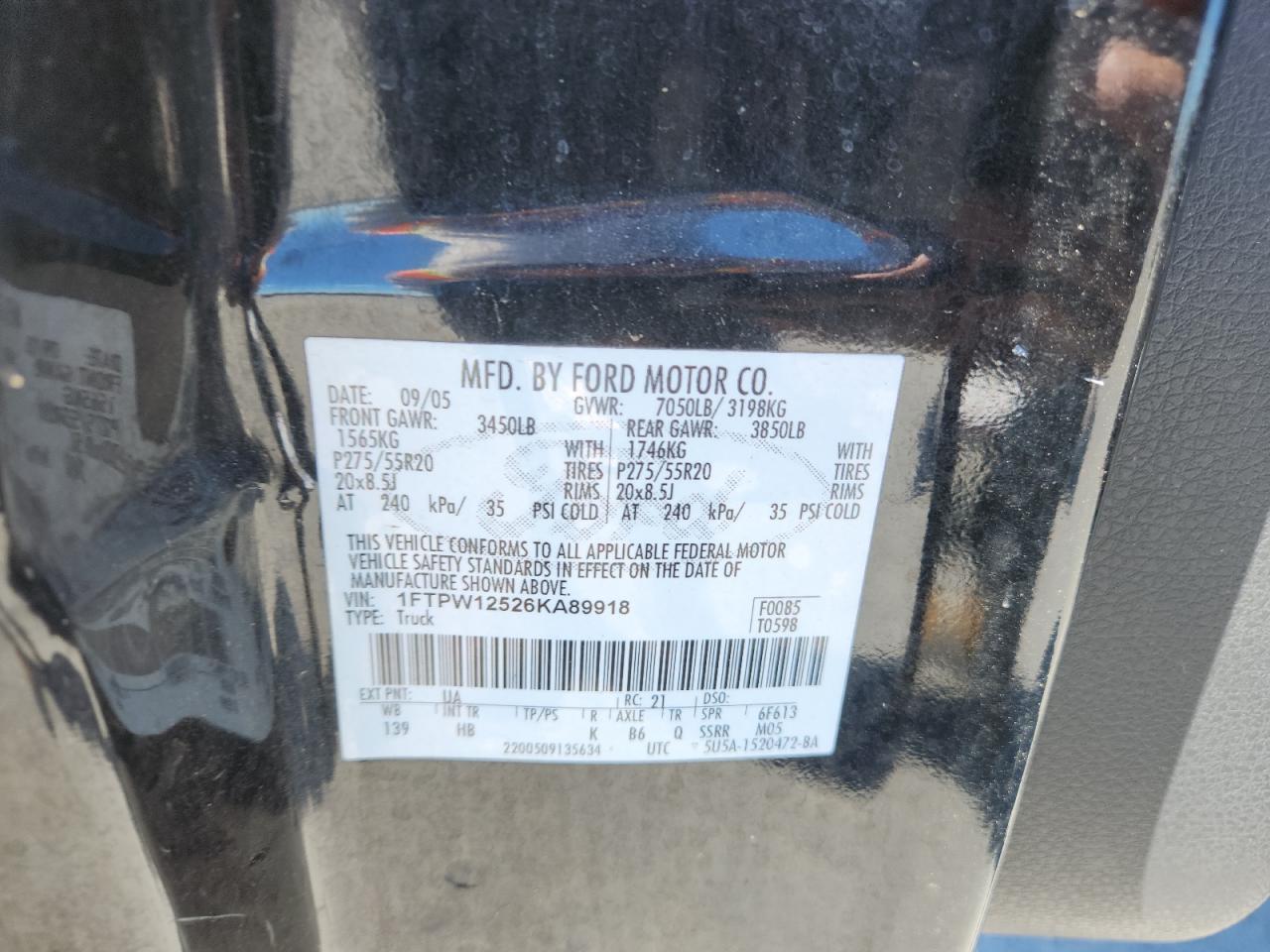 2006 Ford F150 Supercrew VIN: 1FTPW12526KA89918 Lot: 90403345