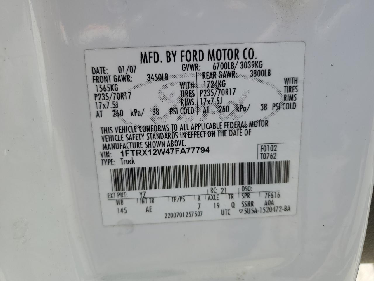 2007 Ford F150 VIN: 1FTRX12W47FA77794 Lot: 91006395