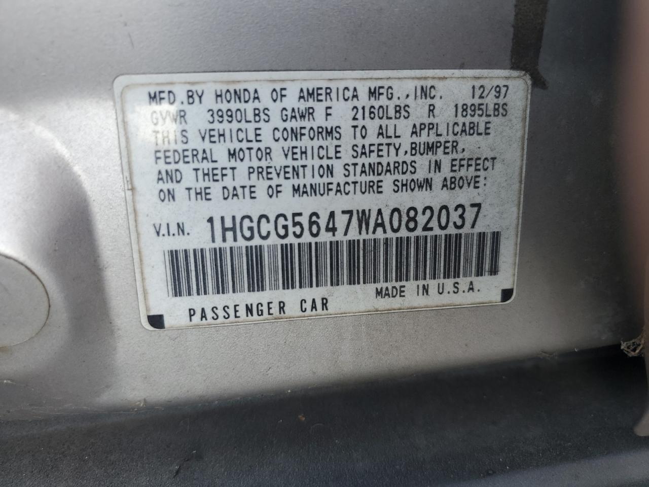 1998 Honda Accord Lx VIN: 1HGCG5647WA082037 Lot: 84946085