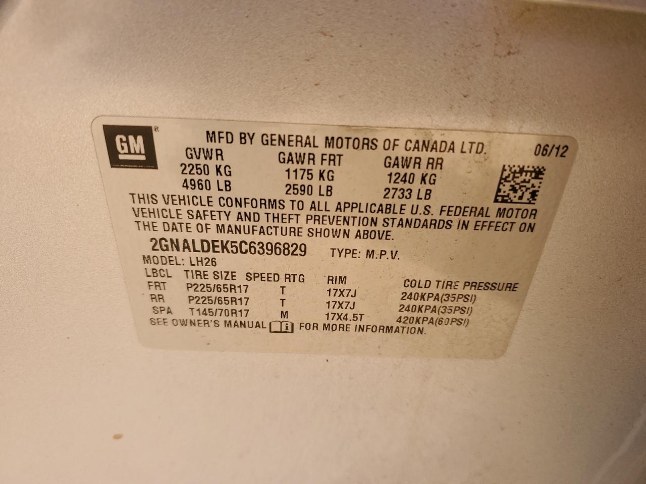 2012 Chevrolet Equinox Lt VIN: 2GNALDEK5C6396829 Lot: 90274475