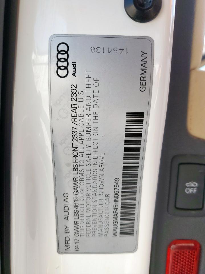 2017 Audi A4 Ultra Premium VIN: WAUGMAF45HN067949 Lot: 84278755