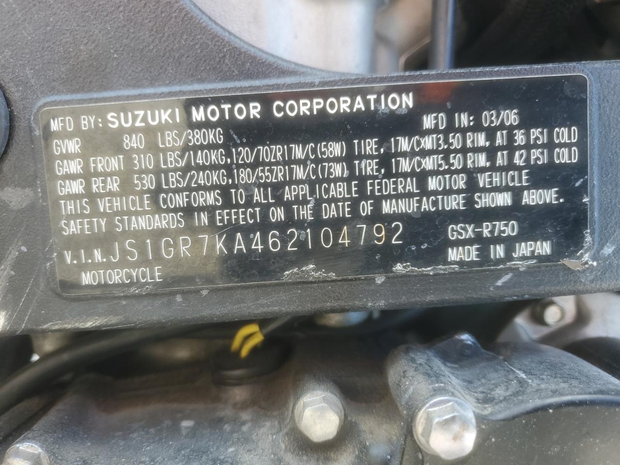 2006 Suzuki Gsx-R750 K6 VIN: JS1GR7KA462104792 Lot: 82276325