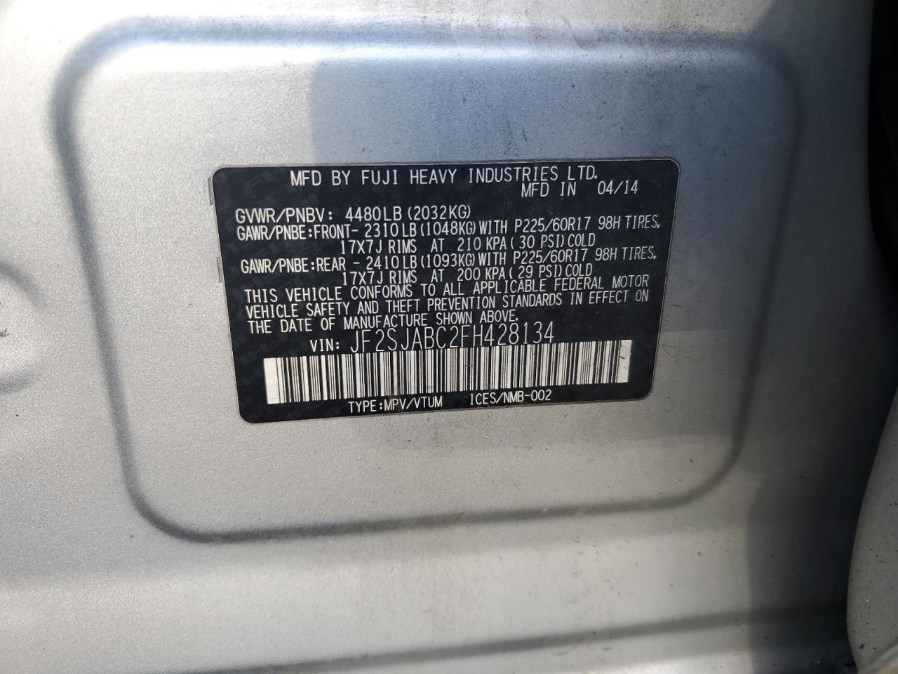 2015 Subaru Forester 2.5I VIN: JF2SJABC2FH428134 Lot: 85910225