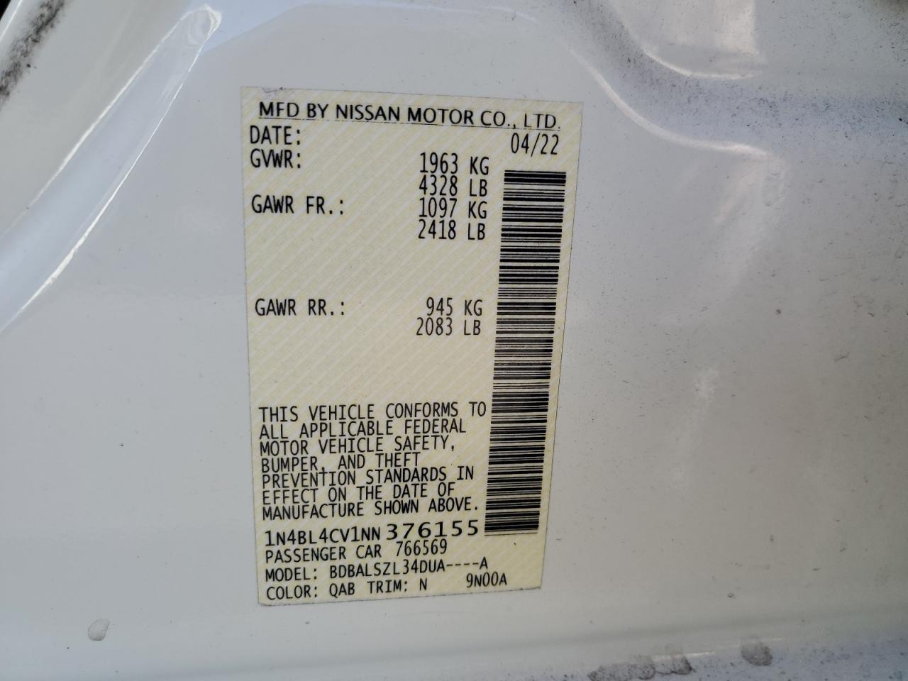 2022 Nissan Altima Sr VIN: 1N4BL4CV1NN376155 Lot: 82283965