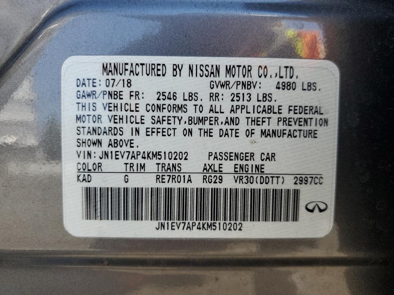 2019 Infiniti Q50 Luxe VIN: JN1EV7AP4KM510202 Lot: 85780655