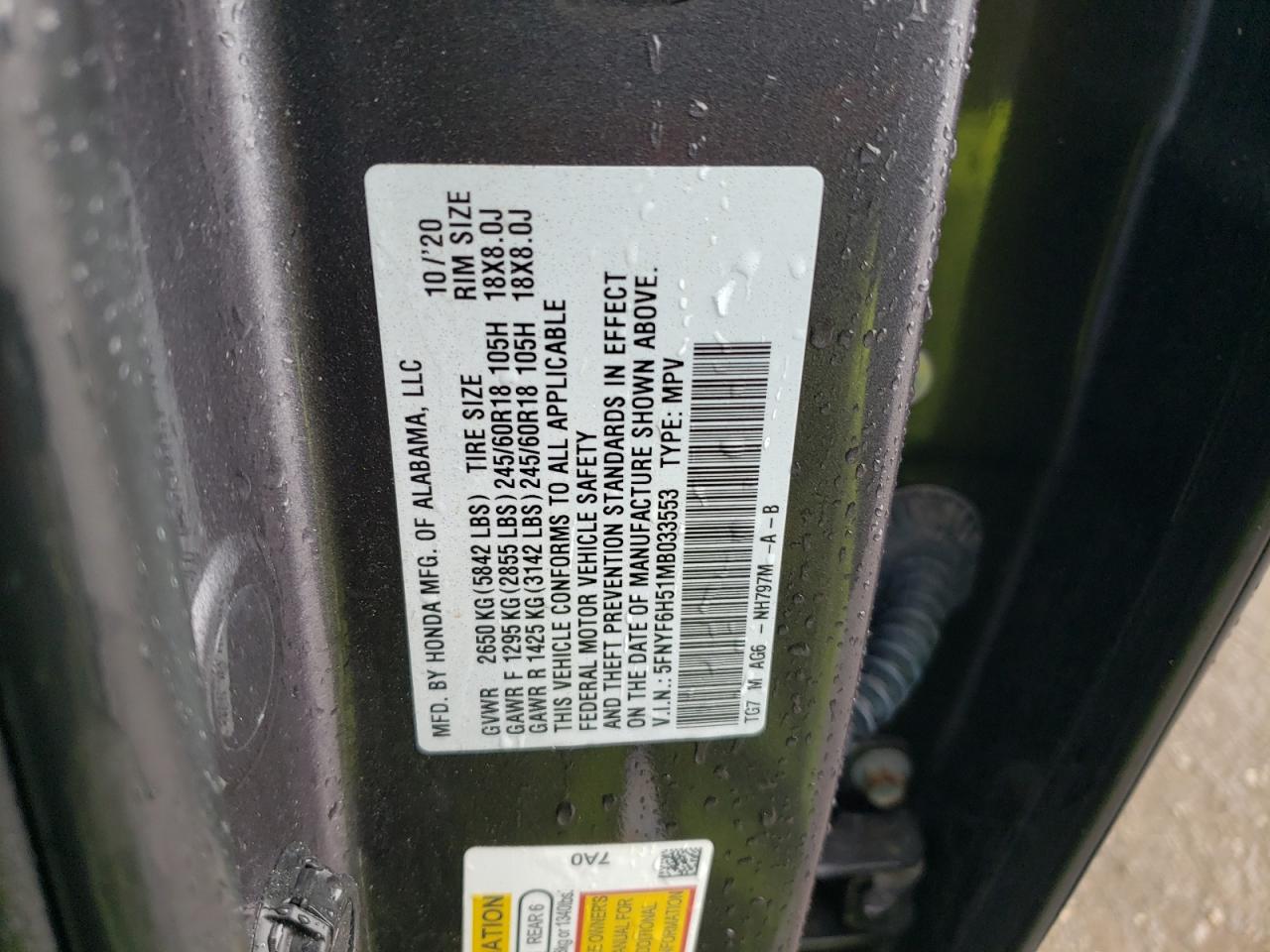 2021 Honda Pilot Exl VIN: 5FNYF6H51MB033553 Lot: 85296895