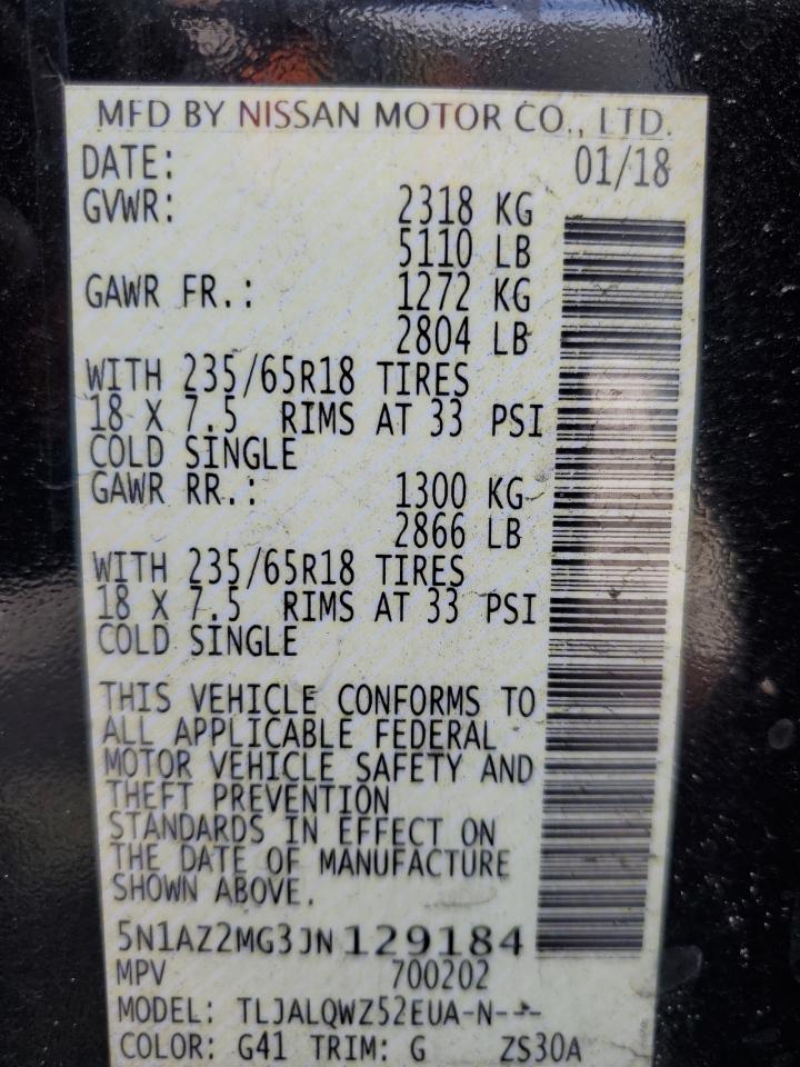 2018 Nissan Murano S VIN: 5N1AZ2MG3JN129184 Lot: 85746655