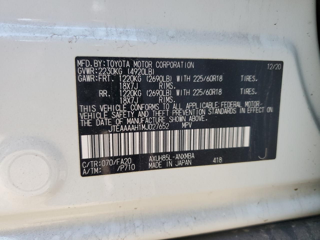 2021 Toyota Venza Le VIN: JTEAAAAH1MJ027652 Lot: 86671875