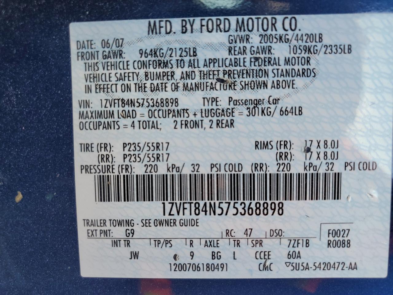 2007 Ford Mustang VIN: 1ZVFT84N575368898 Lot: 84965065