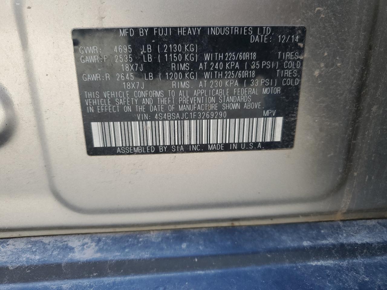 2015 Subaru Outback 2.5I Limited VIN: 4S4BSAJC1F3269290 Lot: 85945015