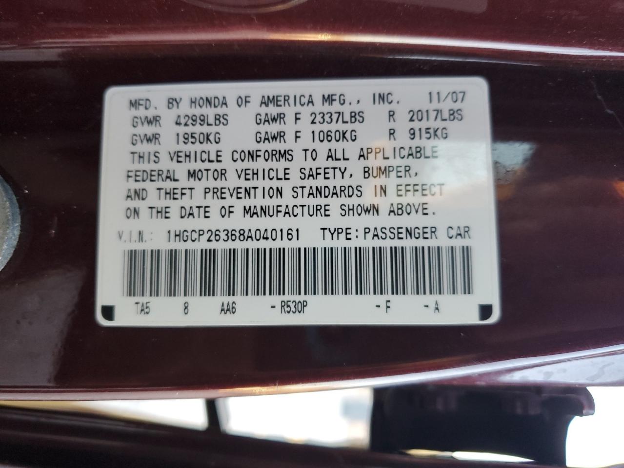 2008 Honda Accord Lx VIN: 1HGCP26368A040161 Lot: 82300925