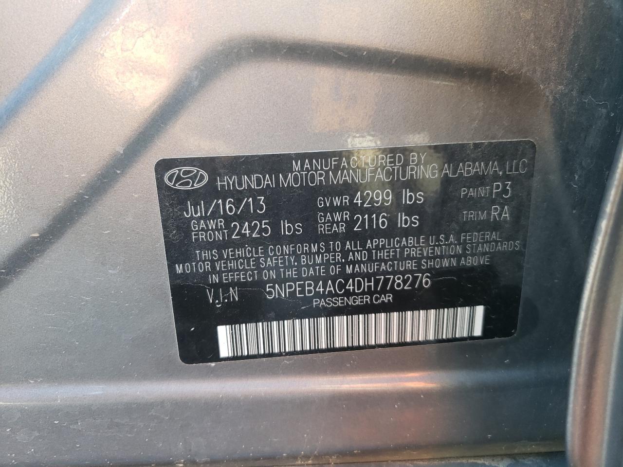 2013 Hyundai Sonata Gls VIN: 5NPEB4AC4DH778276 Lot: 86697325
