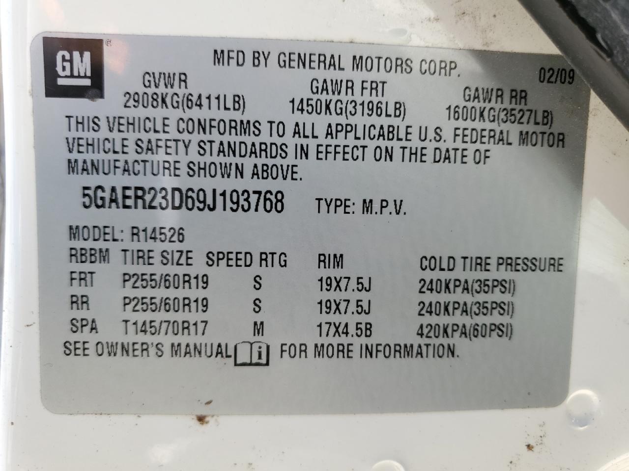 2009 Buick Enclave Cxl VIN: 5GAER23D69J193768 Lot: 85839115