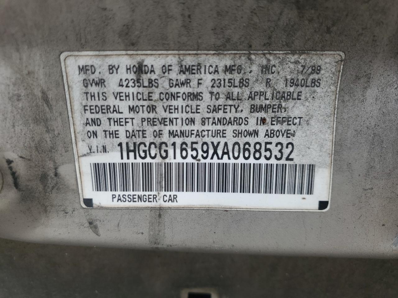 1999 Honda Accord Ex VIN: 1HGCG1659XA068532 Lot: 82439975