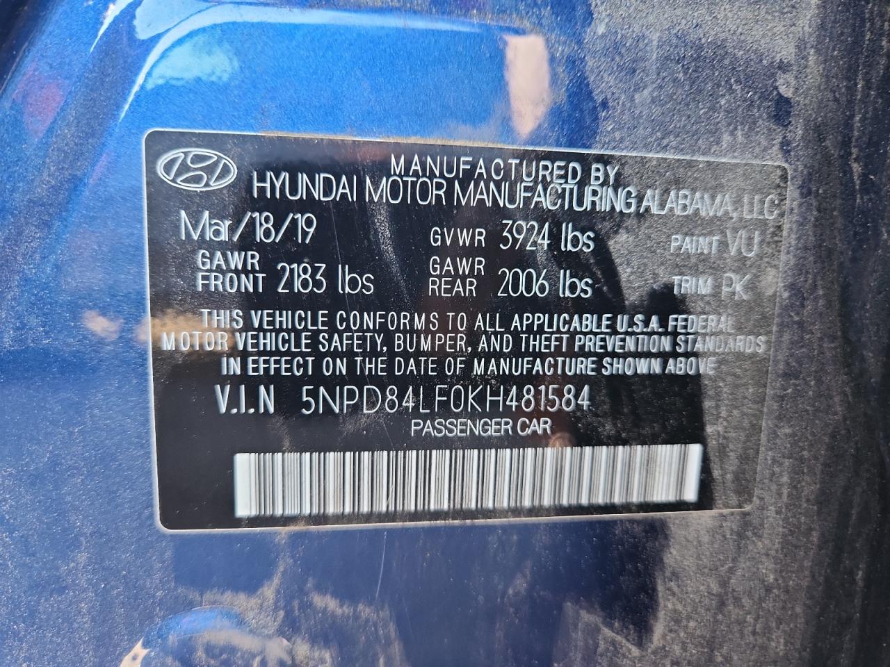 2019 Hyundai Elantra Sel VIN: 5NPD84LF0KH481584 Lot: 82642475