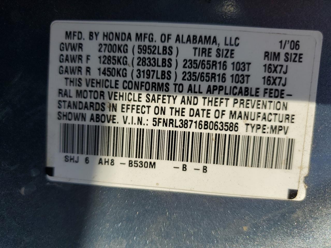 2006 Honda Odyssey Exl VIN: 5FNRL38716B063586 Lot: 82217685