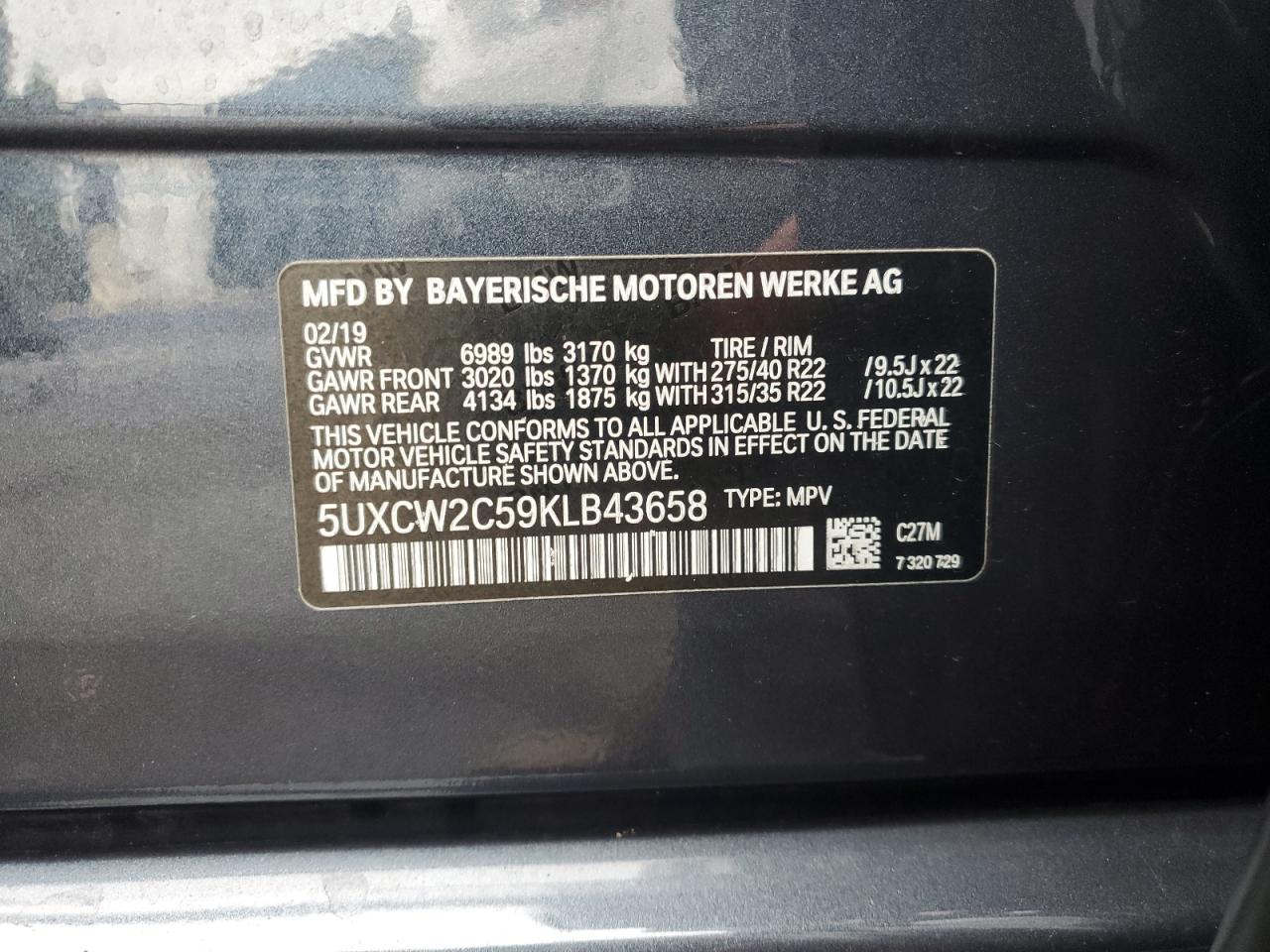 2019 BMW X7 xDrive40I VIN: 5UXCW2C59KLB43658 Lot: 86153685