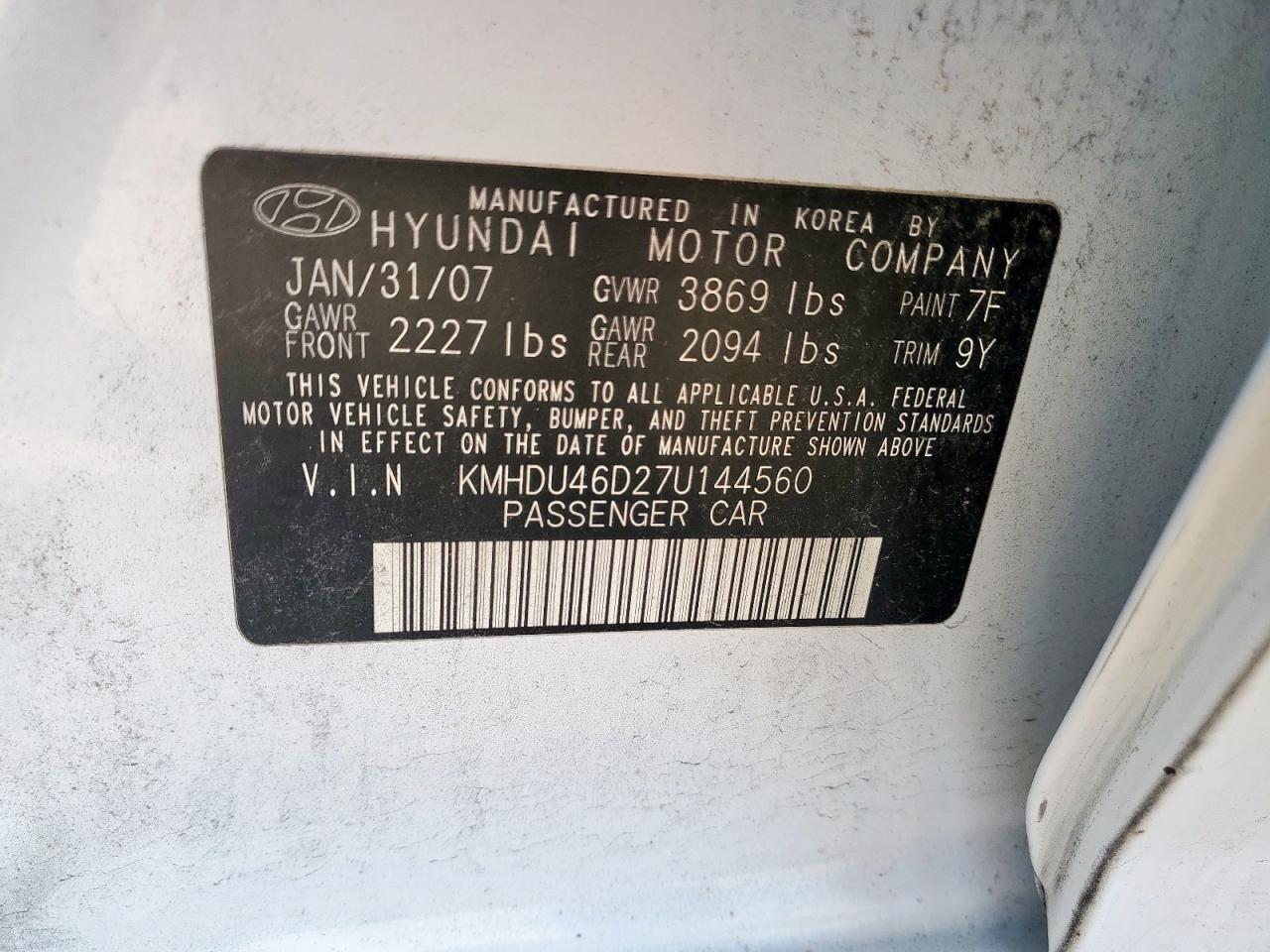 2007 Hyundai Elantra Gls VIN: KMHDU46D27U144560 Lot: 86483715