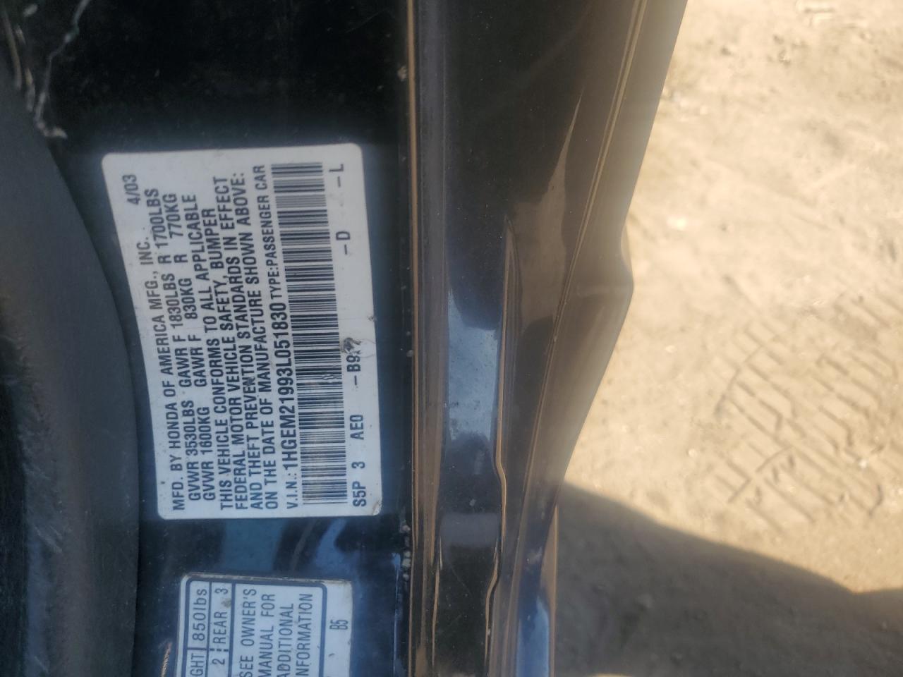 2003 Honda Civic Ex VIN: 1HGEM21993L051830 Lot: 85100935