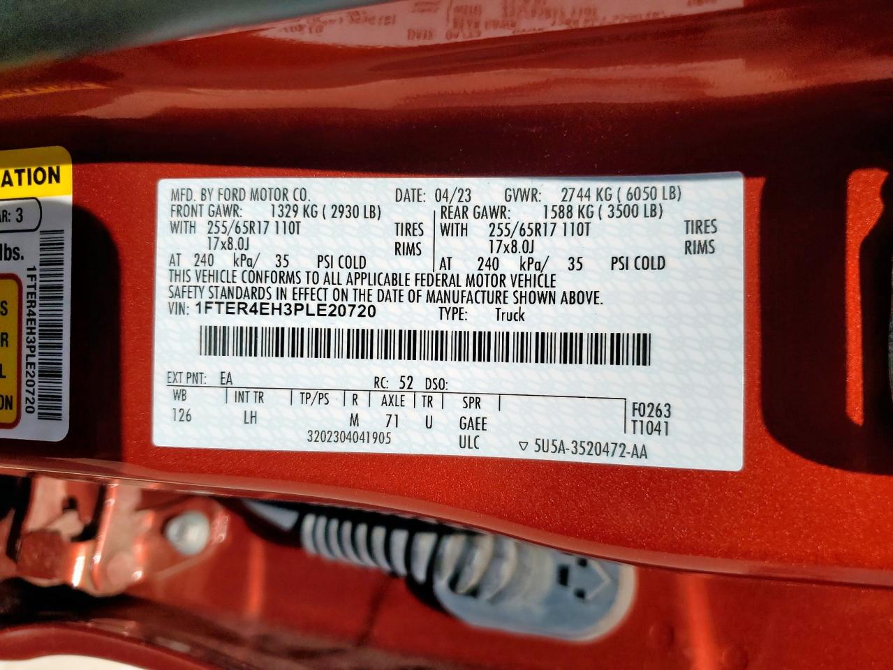 2023 Ford Ranger Xl VIN: 1FTER4EH3PLE20720 Lot: 85545915