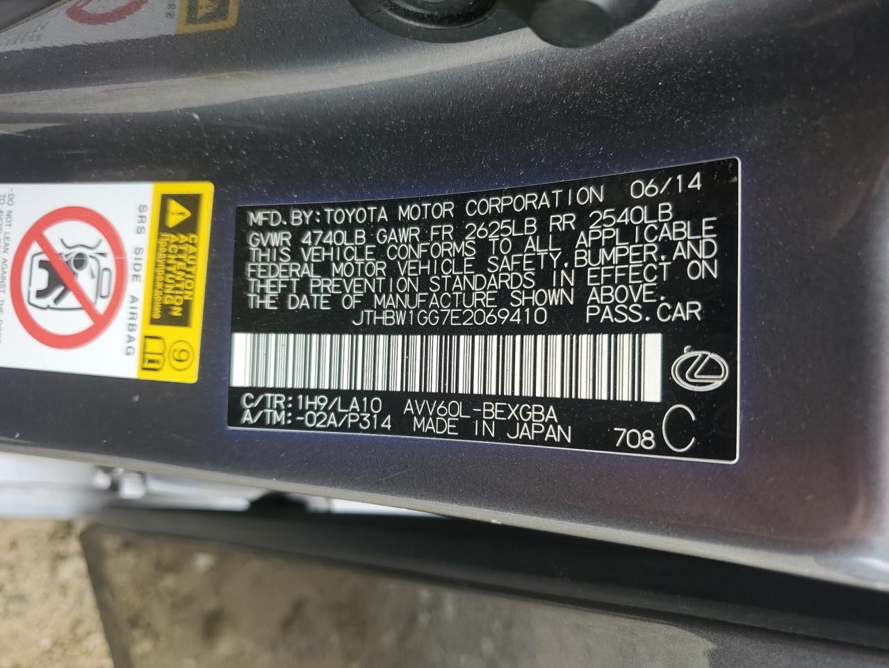 2014 Lexus Es 300H VIN: JTHBW1GG7E2069410 Lot: 85161265
