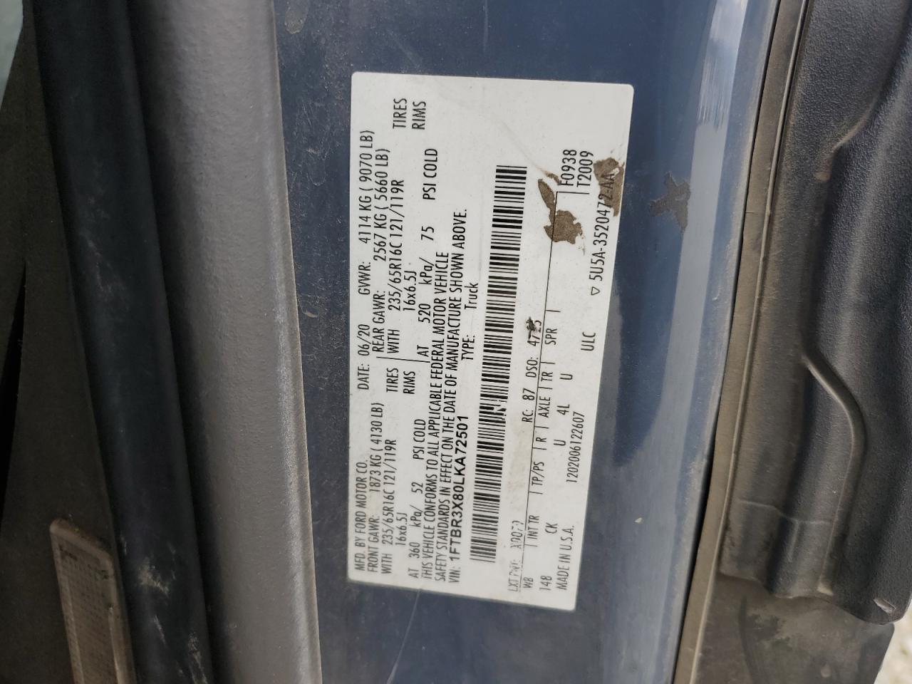 2020 Ford Transit T-250 VIN: 1FTBR3X80LKA72501 Lot: 85584465