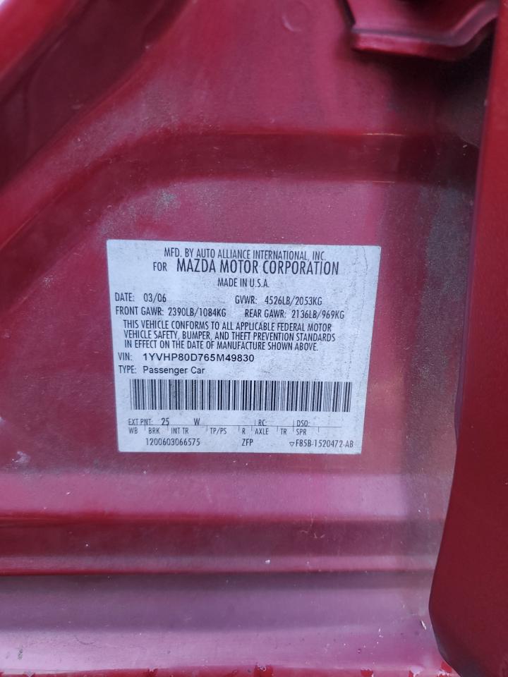 2006 Mazda 6 S VIN: 1YVHP80D765M49830 Lot: 82184625