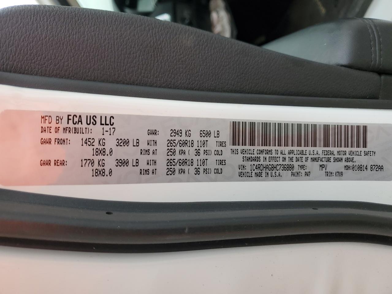 2017 Dodge Durango Sxt VIN: 1C4RDHAG8HC736880 Lot: 90265965