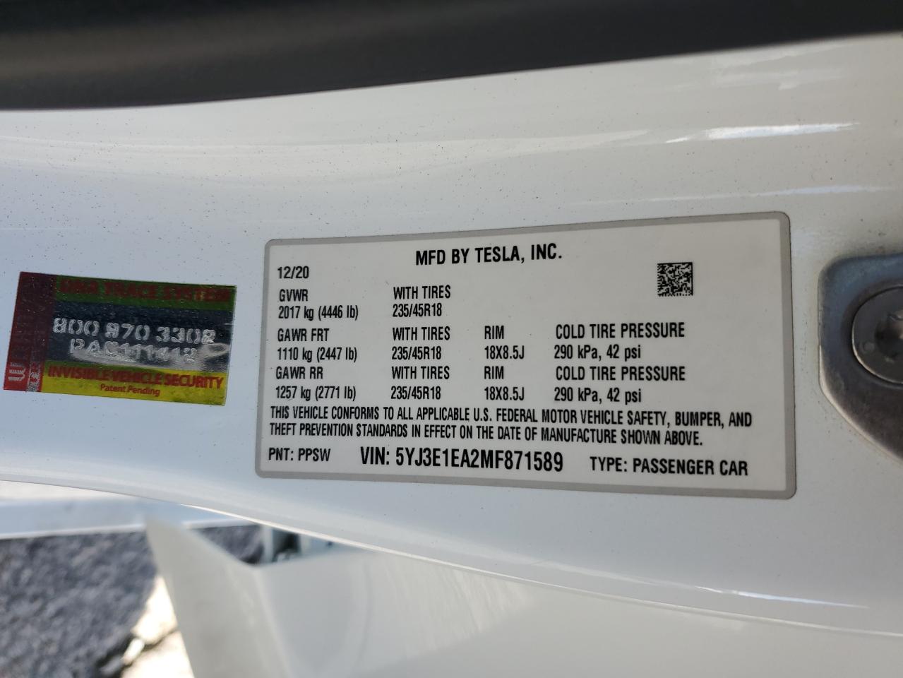 2021 Tesla Model 3 VIN: 5YJ3E1EA2MF871589 Lot: 89912355