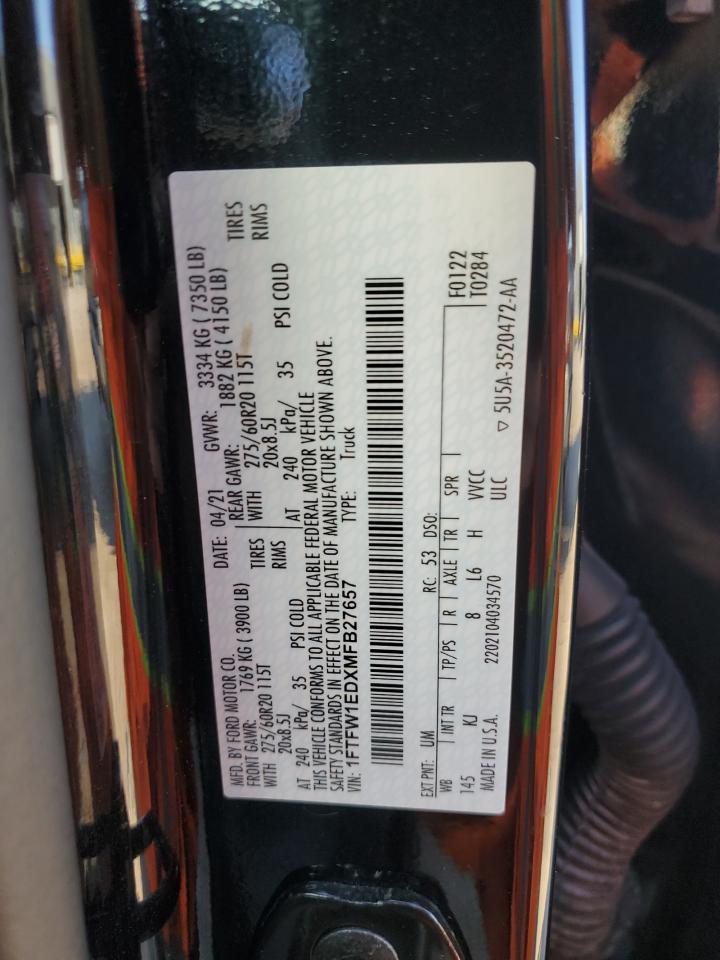 2021 Ford F150 Supercrew VIN: 1FTFW1EDXMFB27657 Lot: 86851155