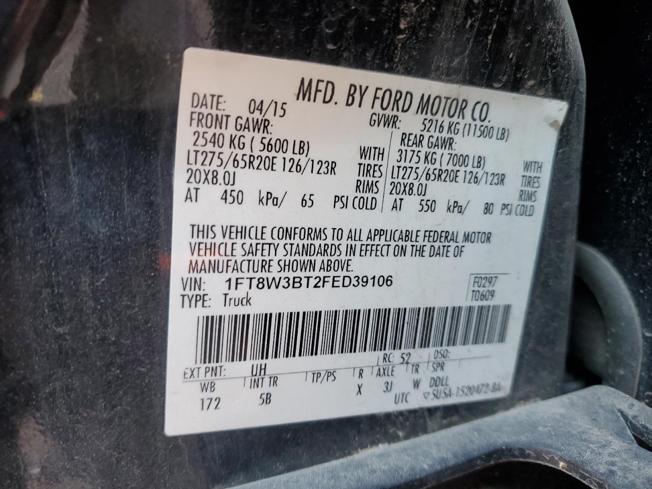 2015 Ford F350 Super Duty VIN: 1FT8W3BT2FED39106 Lot: 82437395
