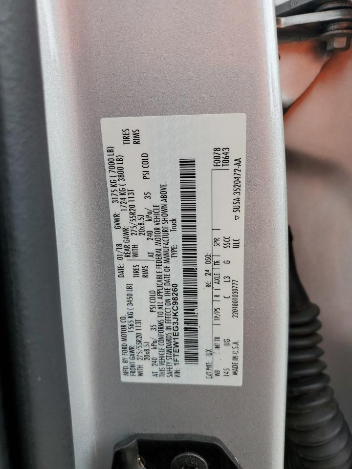 2018 Ford F150 Supercrew VIN: 1FTEW1EG3JKC98260 Lot: 85184775