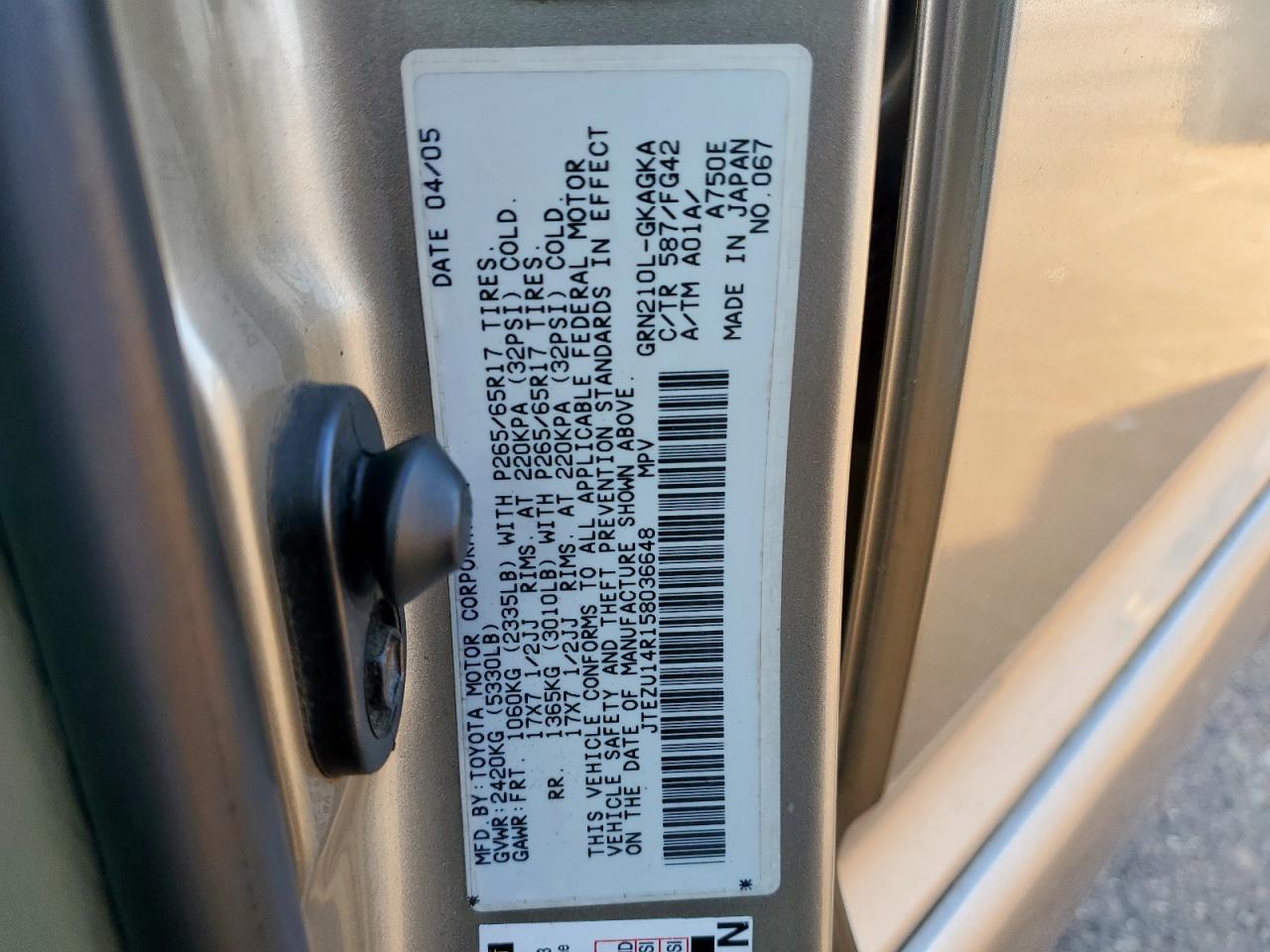 2005 Toyota 4Runner Sr5 VIN: JTEZU14R158036648 Lot: 86216715