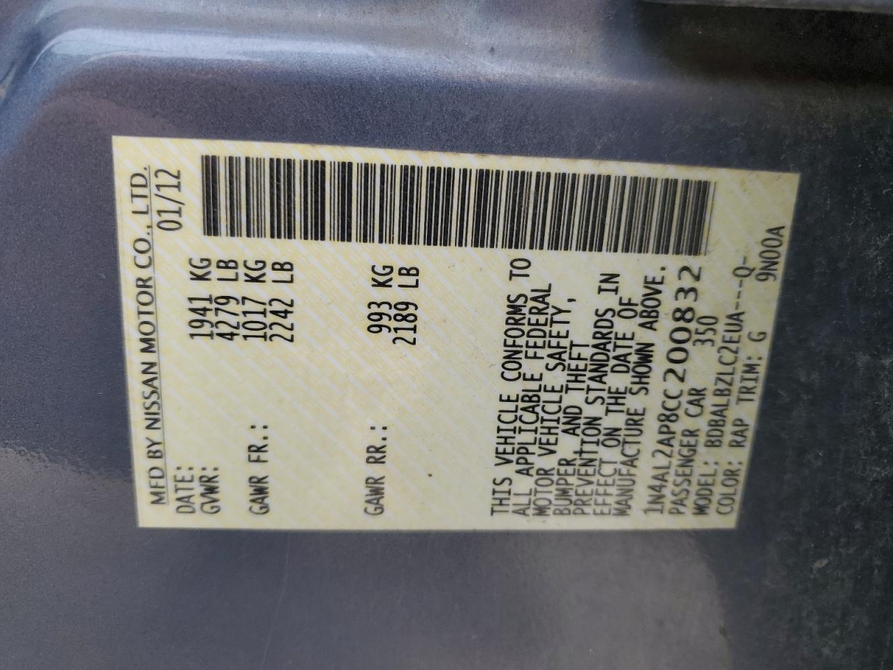 2012 Nissan Altima Base VIN: 1N4AL2AP8CC200832 Lot: 82399485