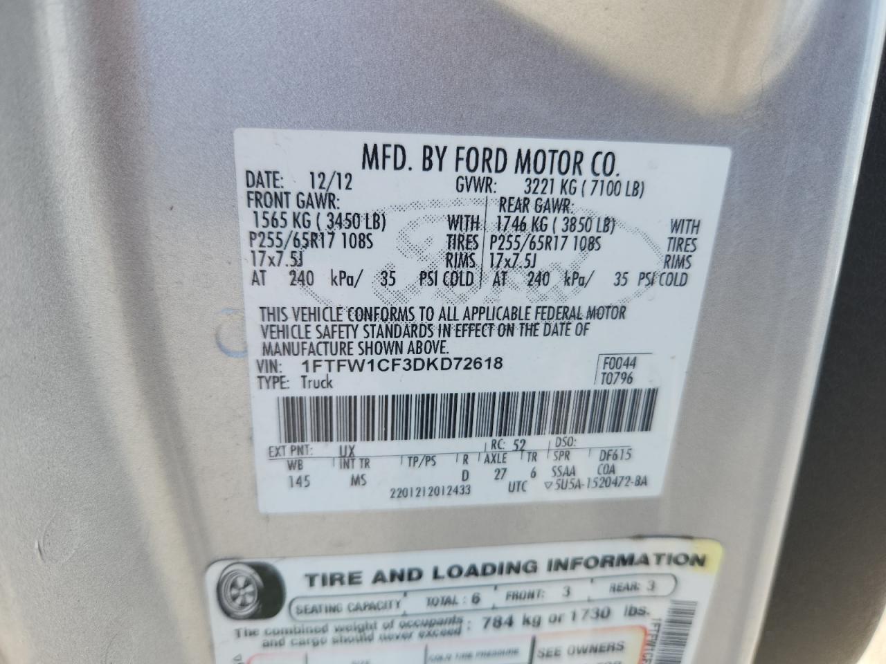 2013 Ford F150 Supercrew VIN: 1FTFW1CF3DKD72618 Lot: 84071225