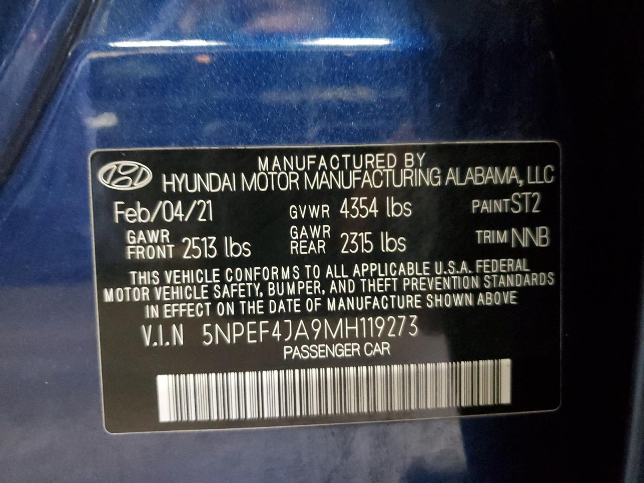 2021 Hyundai Sonata Sel VIN: 5NPEF4JA9MH119273 Lot: 82384865