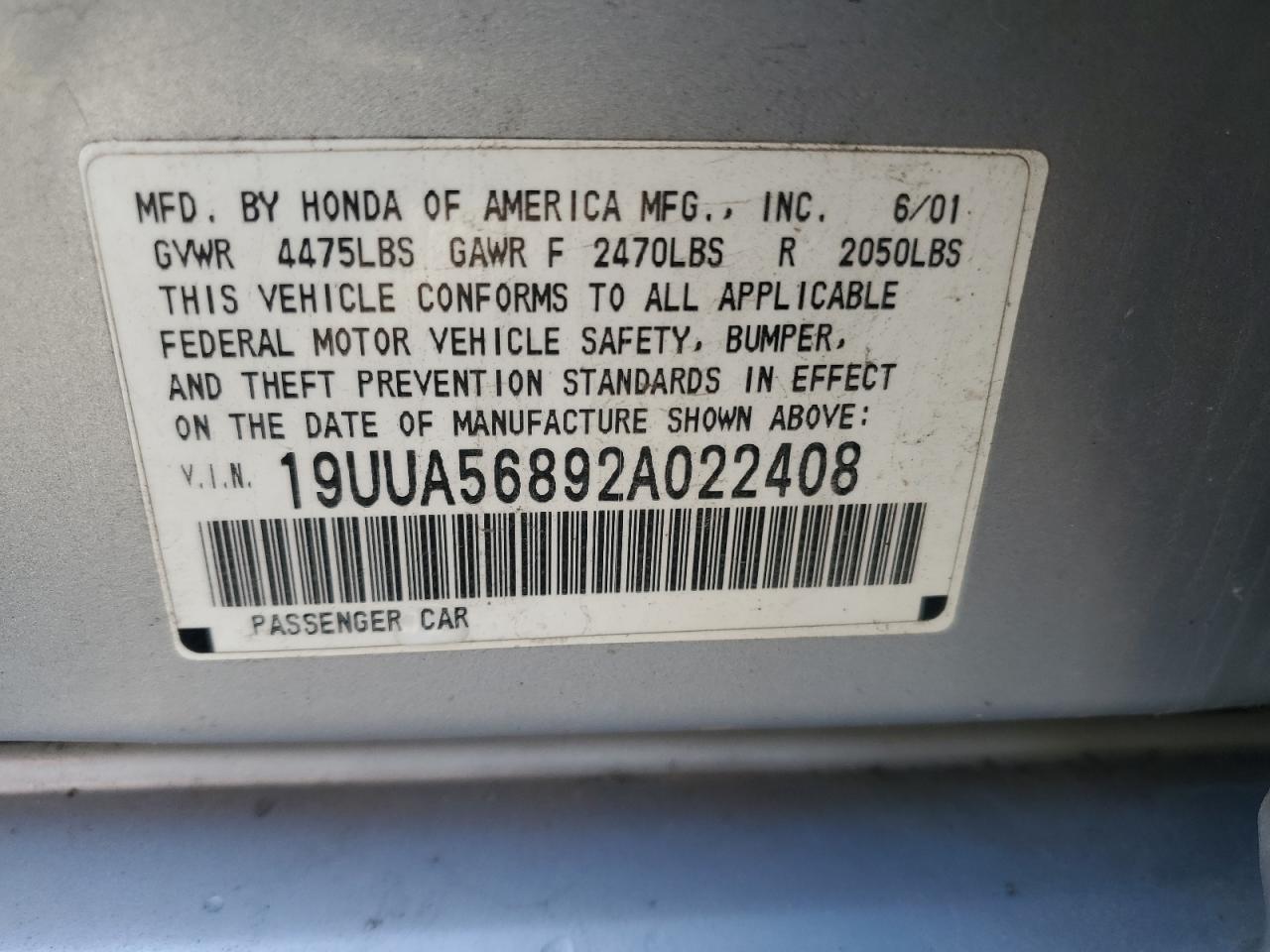 2002 Acura 3.2Tl Type-S VIN: 19UUA56892A022408 Lot: 84611095