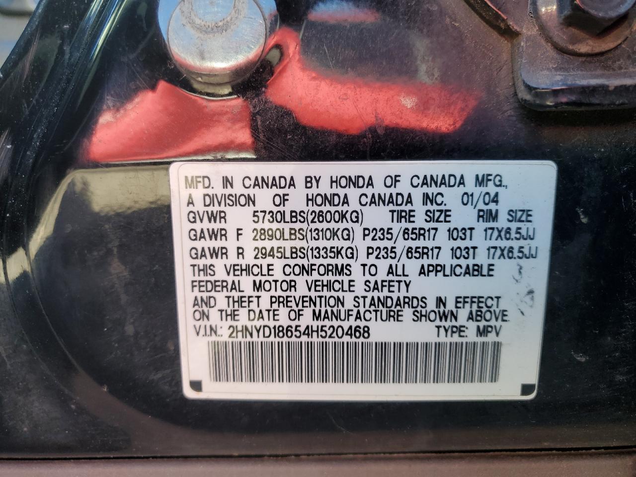 2004 Acura Mdx Touring VIN: 2HNYD18654H520468 Lot: 89927985